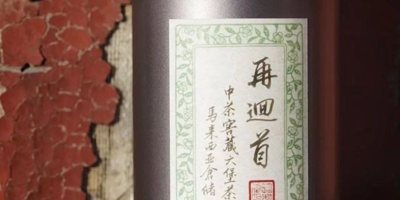 A hand holding a metal tea tin labeled 再迴首 against a weathered red wall