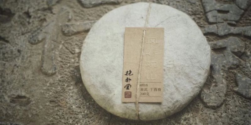 一饼用棉线和纸标捆好的普洱生茶饼，置于一块带雕刻纹路的旧石面上